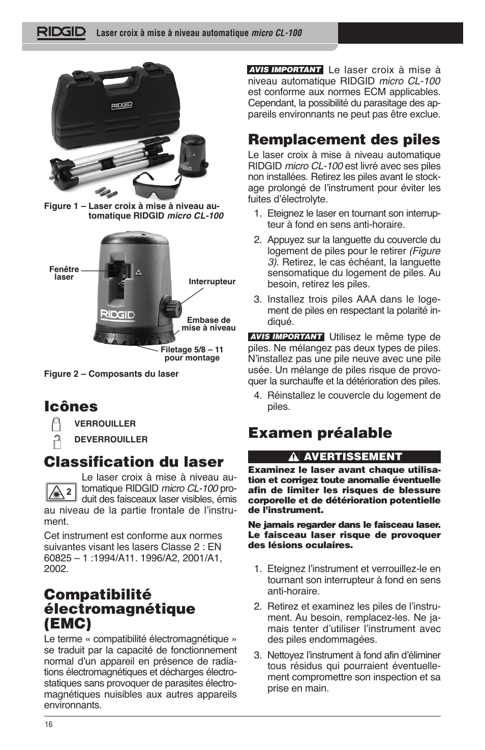 Remplacement des piles, Examen préalable, Icônes classification du laser | Compatibilité électromagnétique (emc) | RIDGID micro CL-100 User Manual | Page 18 / 228
