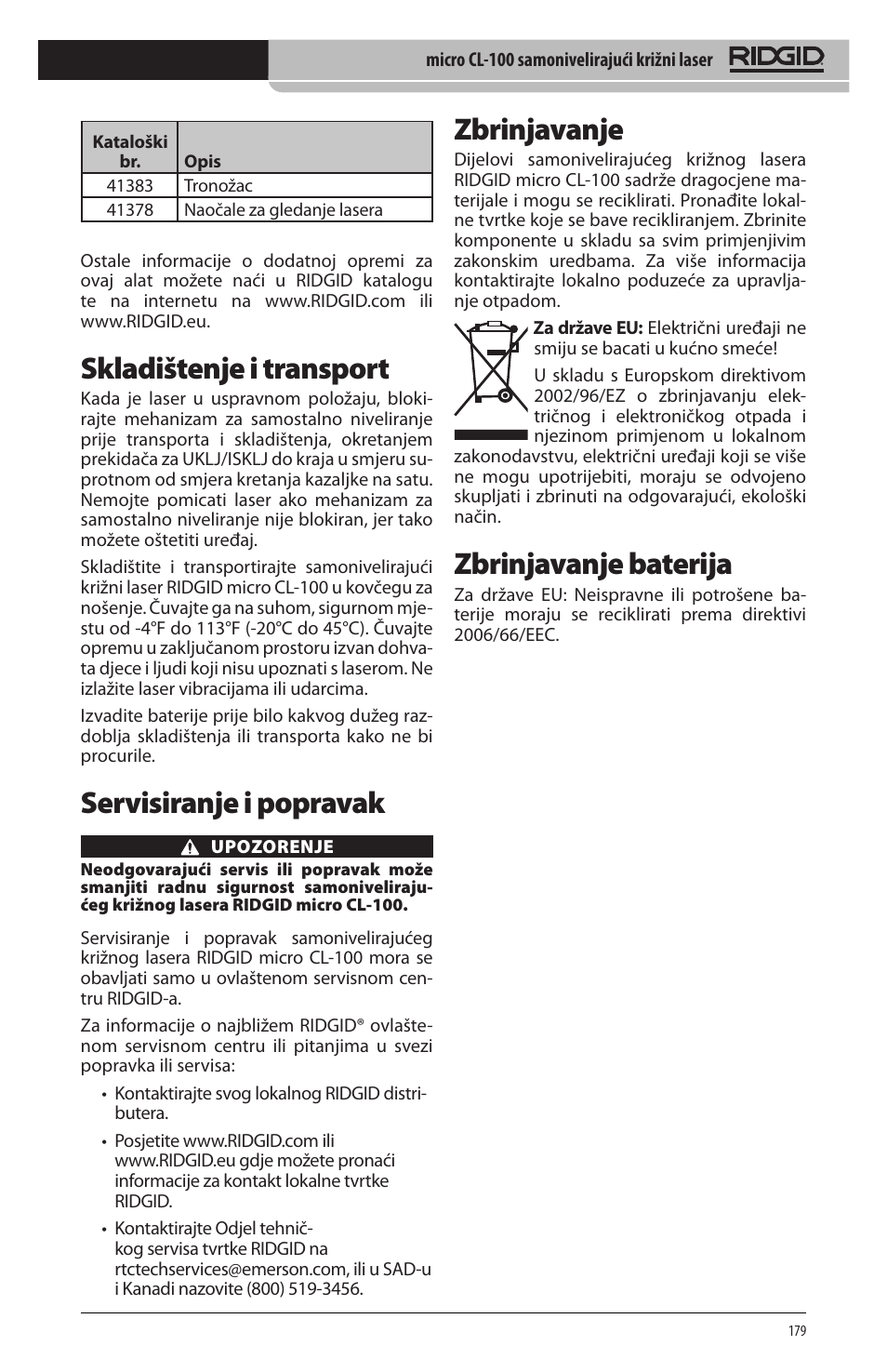 Skladištenje i transport, Servisiranje i popravak, Zbrinjavanje | Zbrinjavanje baterija | RIDGID micro CL-100 User Manual | Page 181 / 228