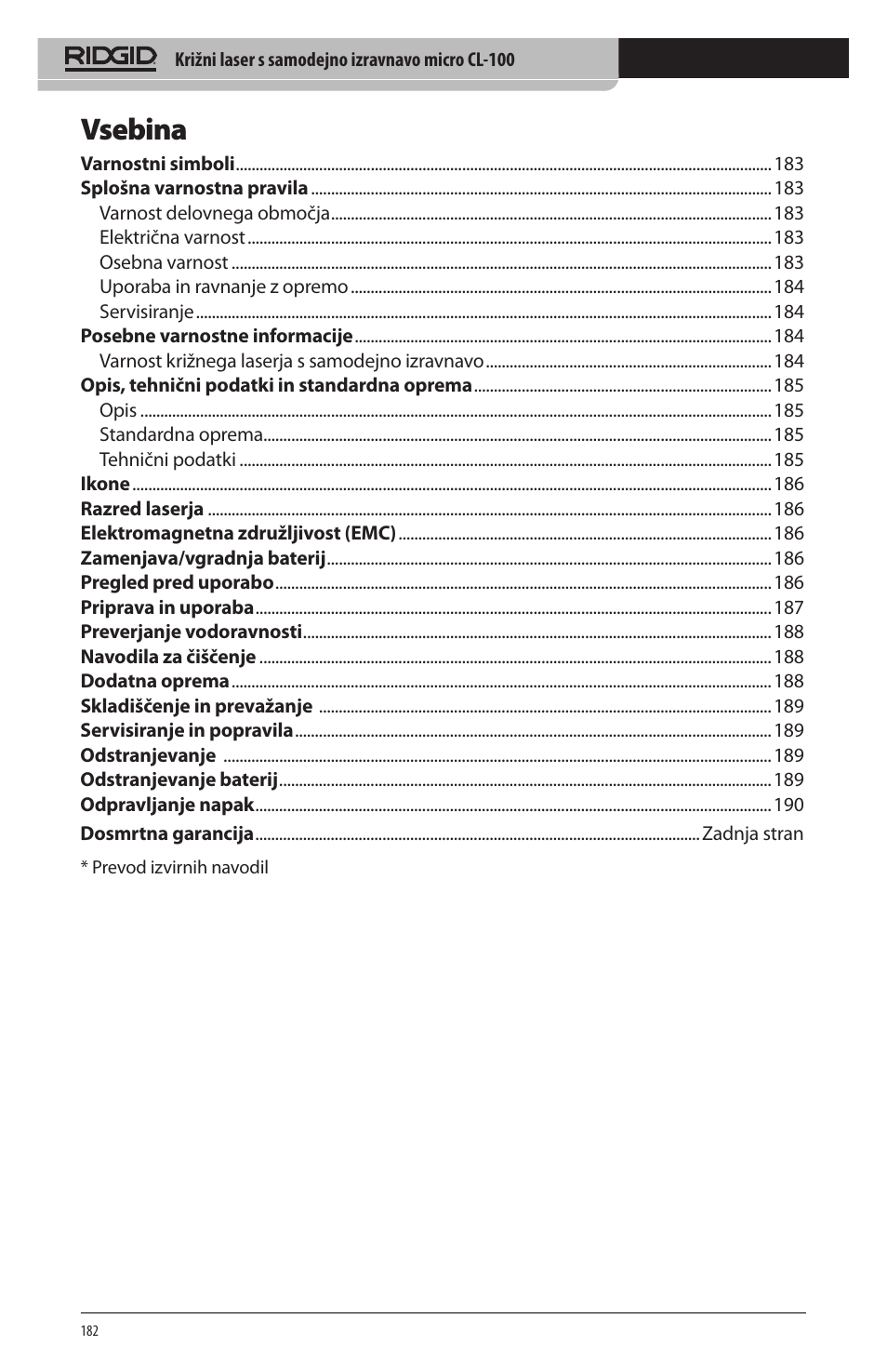 Vsebina | RIDGID micro CL-100 User Manual | Page 184 / 228