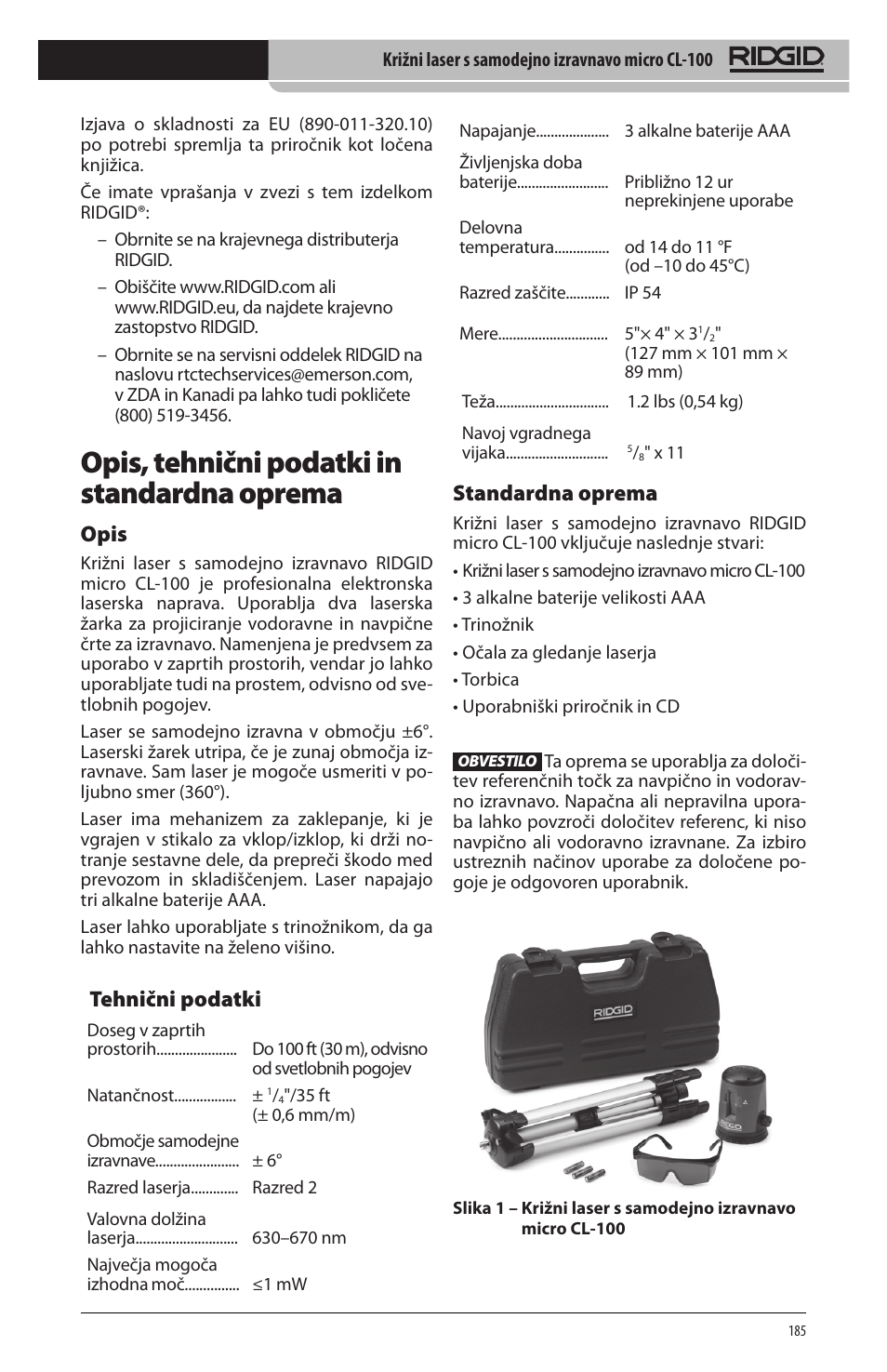 Opis, tehnični podatki in standardna oprema, Opis, Tehnični podatki | Standardna oprema | RIDGID micro CL-100 User Manual | Page 187 / 228