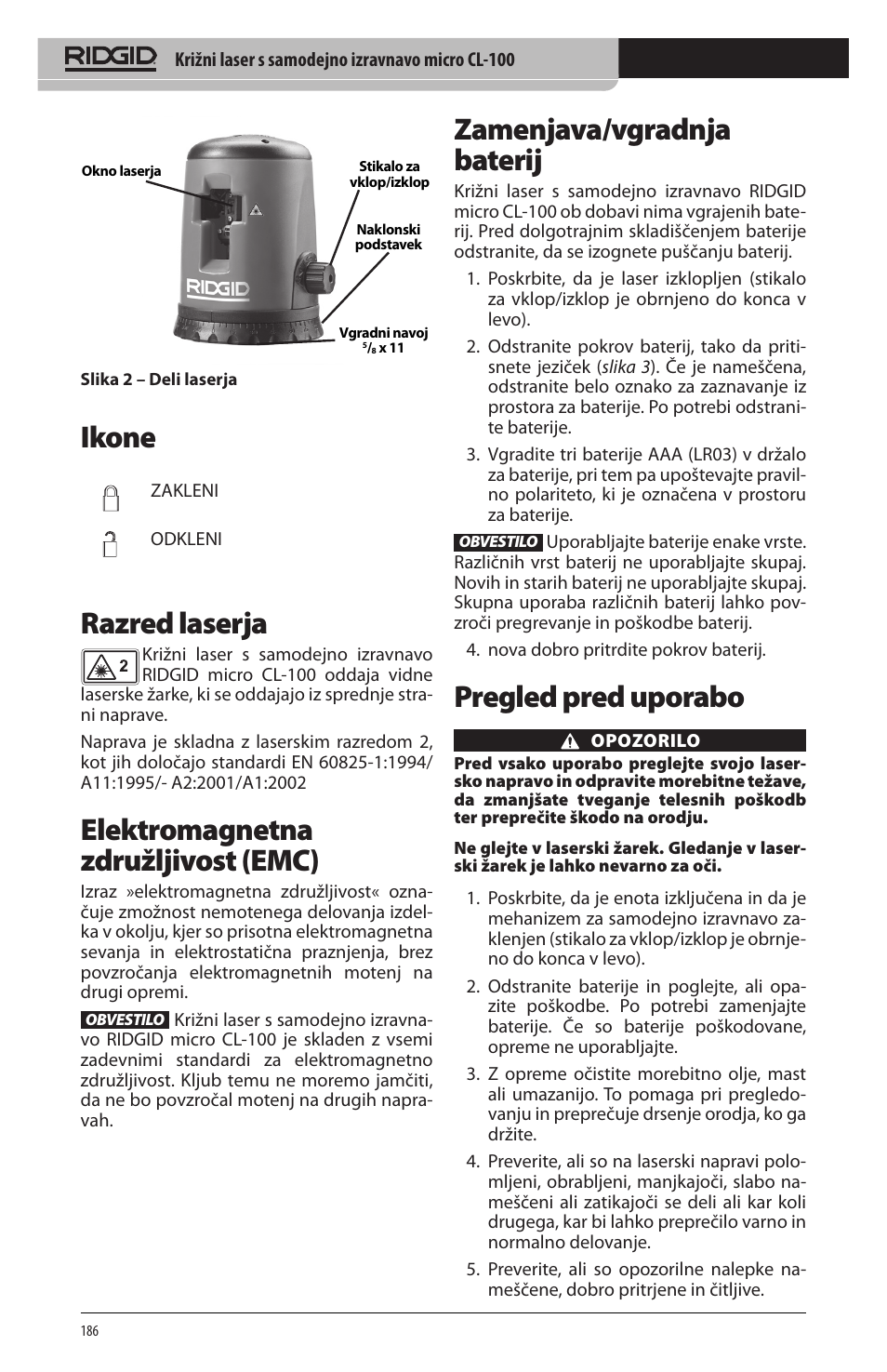 Ikone, Razred laserja, Elektromagnetna združljivost (emc) | Zamenjava/vgradnja baterij, Pregled pred uporabo | RIDGID micro CL-100 User Manual | Page 188 / 228