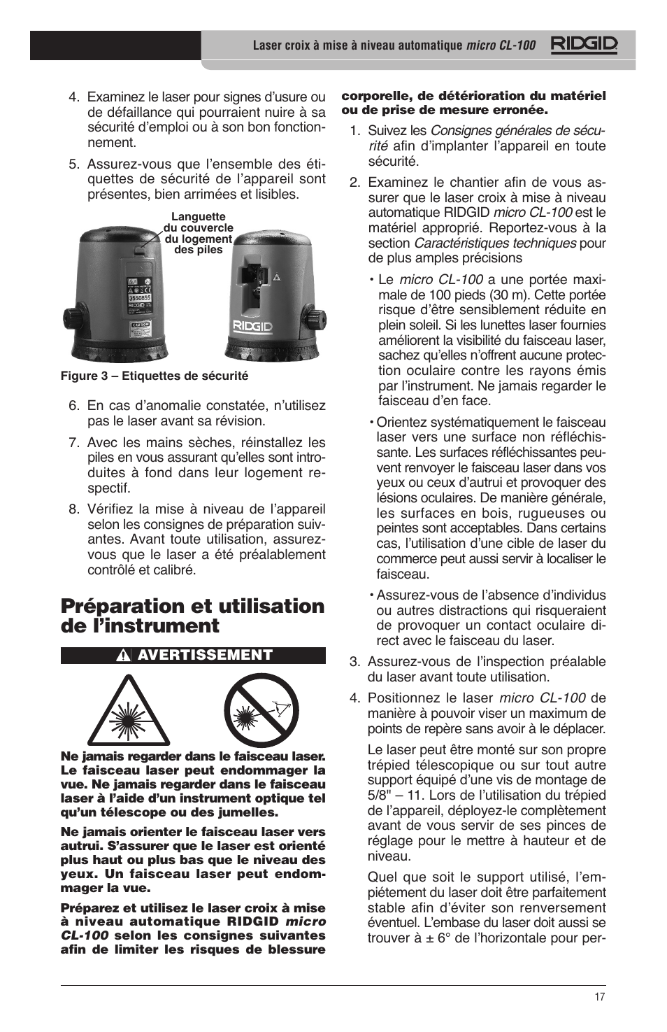 Préparation et utilisation de l’instrument | RIDGID micro CL-100 User Manual | Page 19 / 228