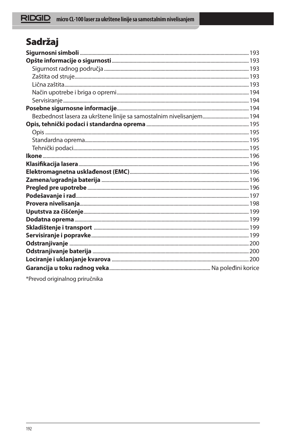 Sadržaj | RIDGID micro CL-100 User Manual | Page 194 / 228