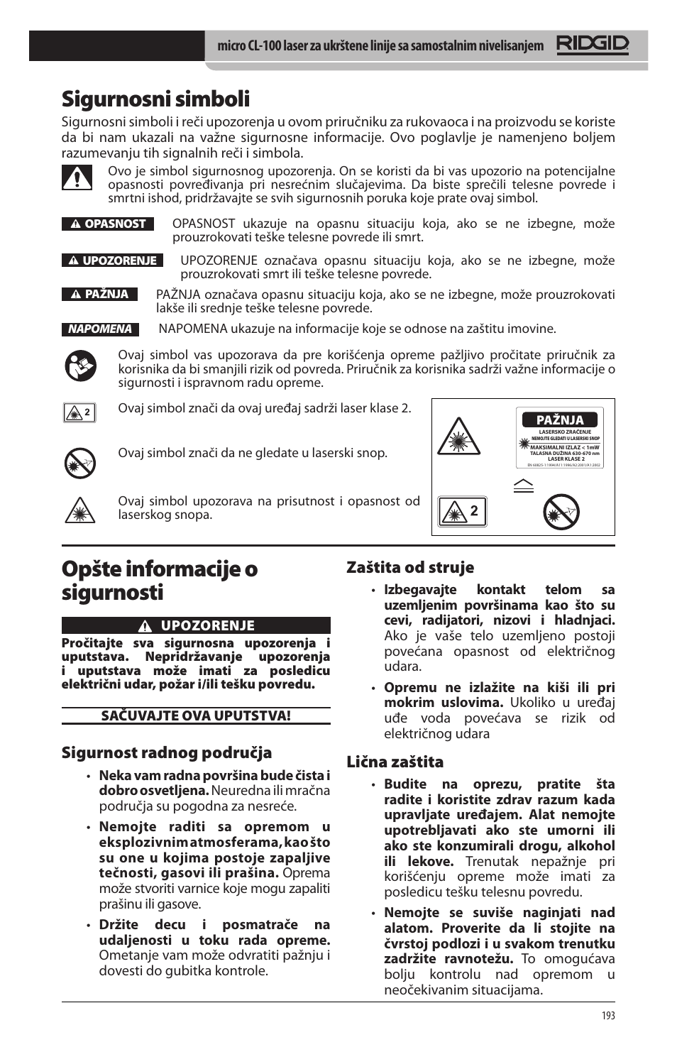 Sigurnosni simboli, Opšte informacije o sigurnosti, Sigurnost radnog područja | Zaštita od struje, Lična zaštita | RIDGID micro CL-100 User Manual | Page 195 / 228