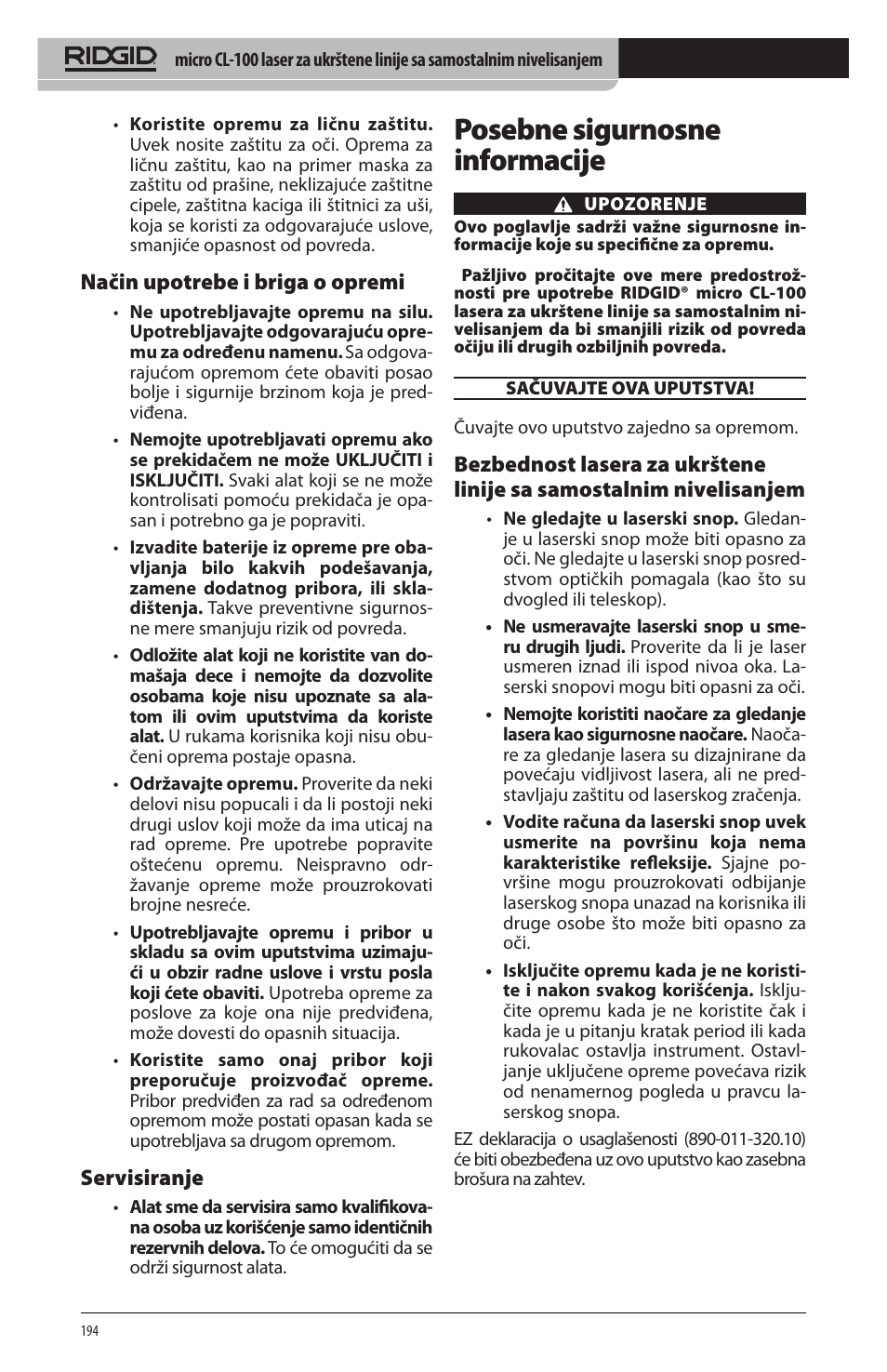 Posebne sigurnosne informacije, Način upotrebe i briga o opremi, Servisiranje | RIDGID micro CL-100 User Manual | Page 196 / 228