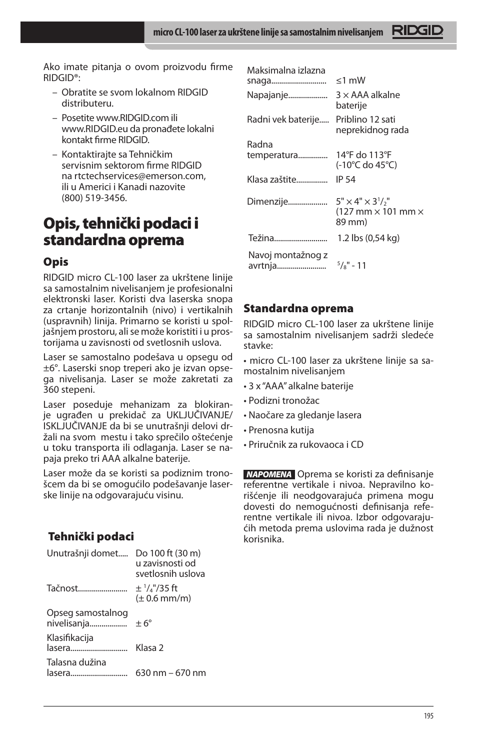 Opis, tehnički podaci i standardna oprema, Opis, Tehnički podaci | Standardna oprema | RIDGID micro CL-100 User Manual | Page 197 / 228