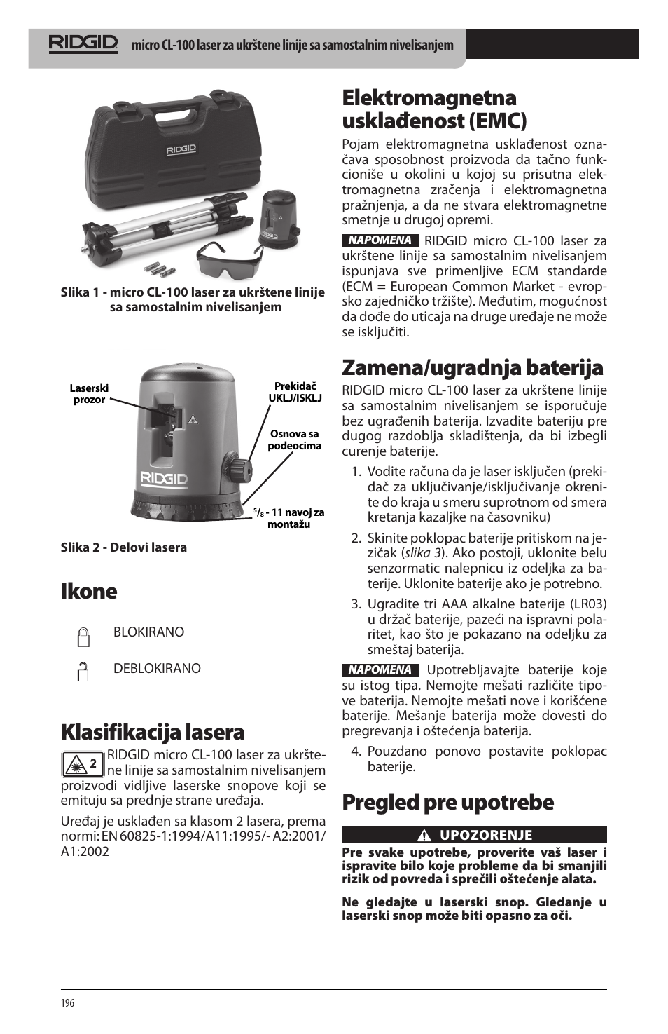 Ikone, Klasifikacija lasera, Elektromagnetna usklađenost (emc) | Zamena/ugradnja baterija, Pregled pre upotrebe | RIDGID micro CL-100 User Manual | Page 198 / 228