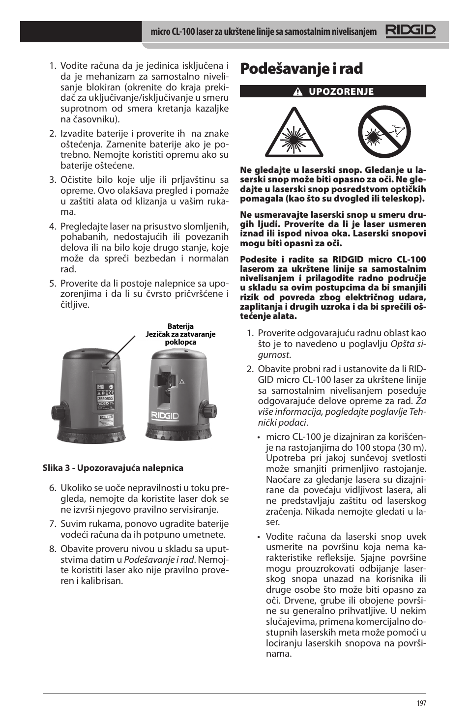 Podešavanje i rad | RIDGID micro CL-100 User Manual | Page 199 / 228