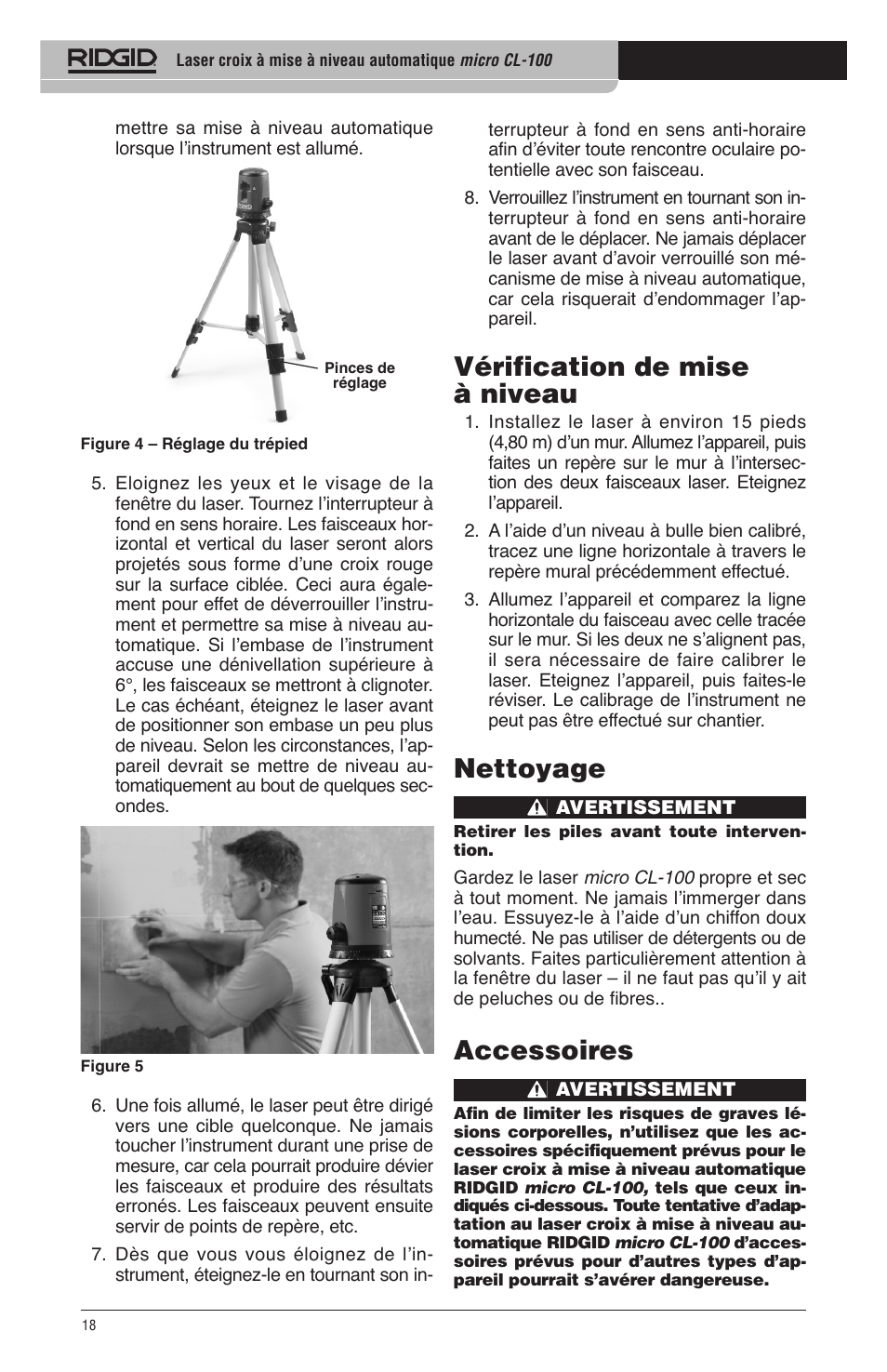 Vérification de mise à niveau, Nettoyage, Accessoires | RIDGID micro CL-100 User Manual | Page 20 / 228