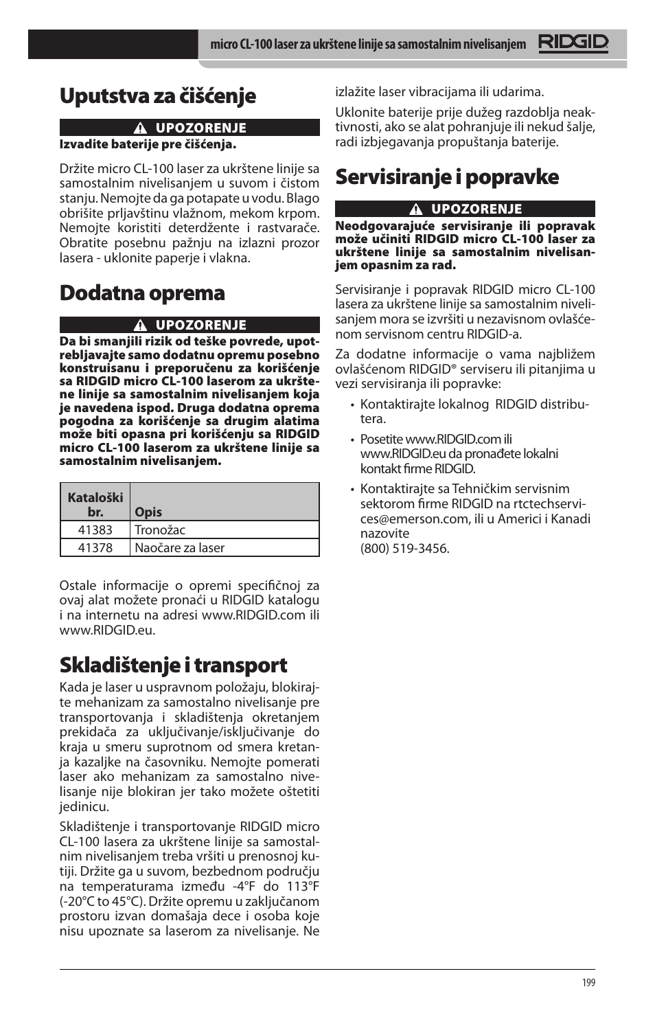 Uputstva za čišćenje, Dodatna oprema, Skladištenje i transport | Servisiranje i popravke | RIDGID micro CL-100 User Manual | Page 201 / 228