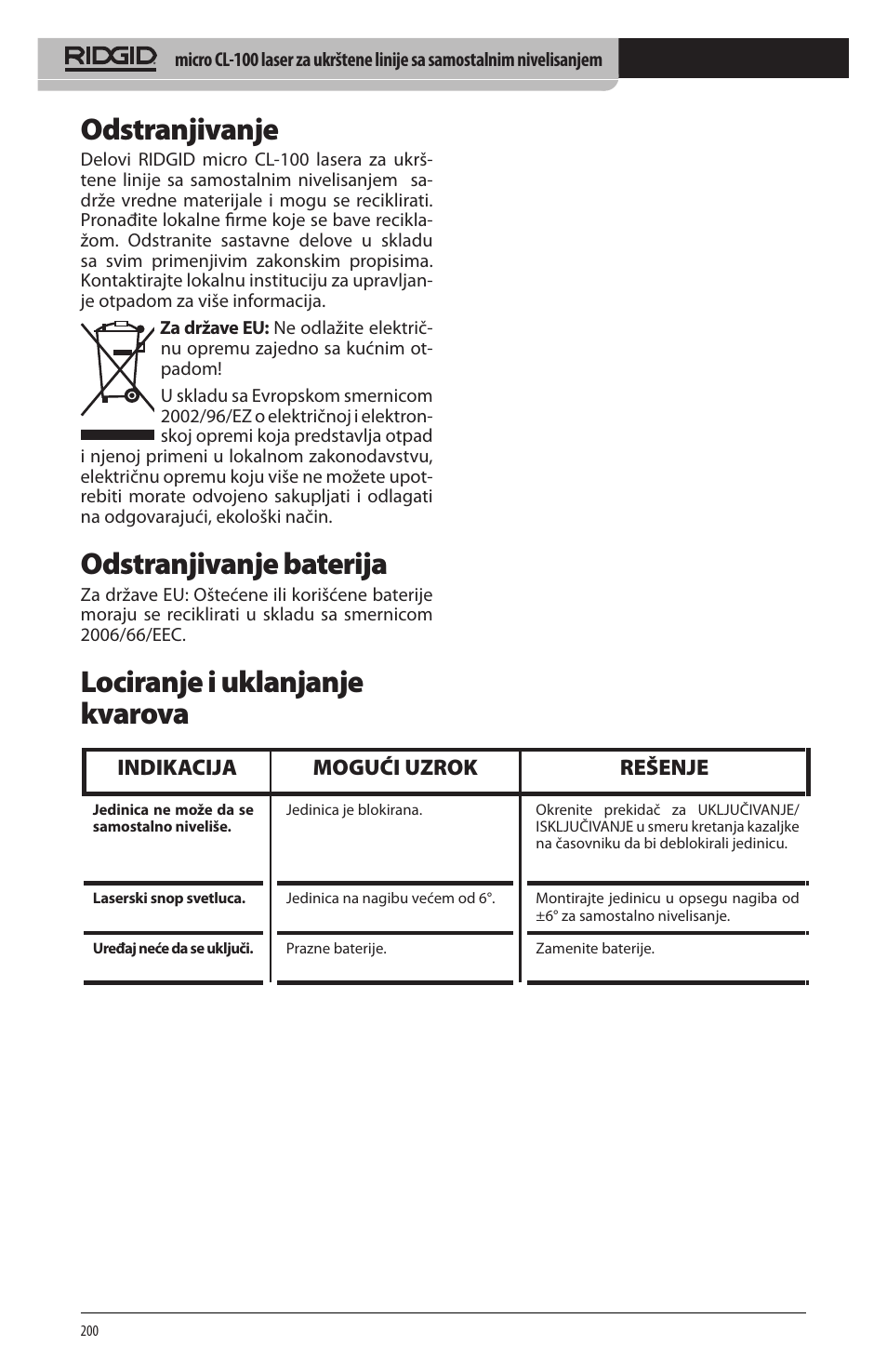 Odstranjivanje, Odstranjivanje baterija, Lociranje i uklanjanje kvarova | Indikacija mogući uzrok rešenje | RIDGID micro CL-100 User Manual | Page 202 / 228