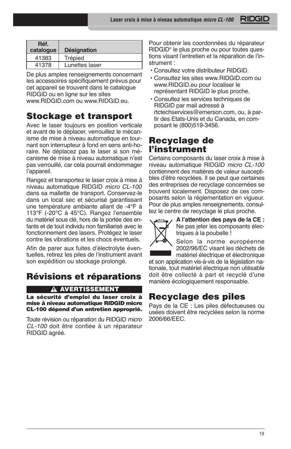 Stockage et transport, Révisions et réparations, Recyclage de l’instrument | Recyclage des piles | RIDGID micro CL-100 User Manual | Page 21 / 228