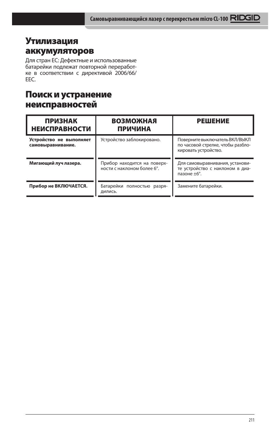 Утилизация аккумуляторов, Поиск и устранение неисправностей, Признак неисправности возможная причина решение | RIDGID micro CL-100 User Manual | Page 213 / 228