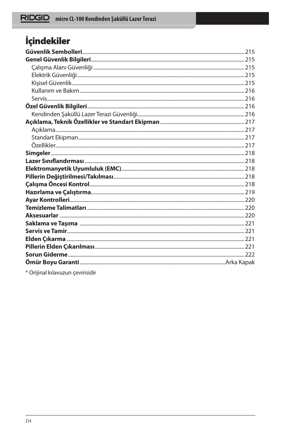 Içindekiler | RIDGID micro CL-100 User Manual | Page 216 / 228