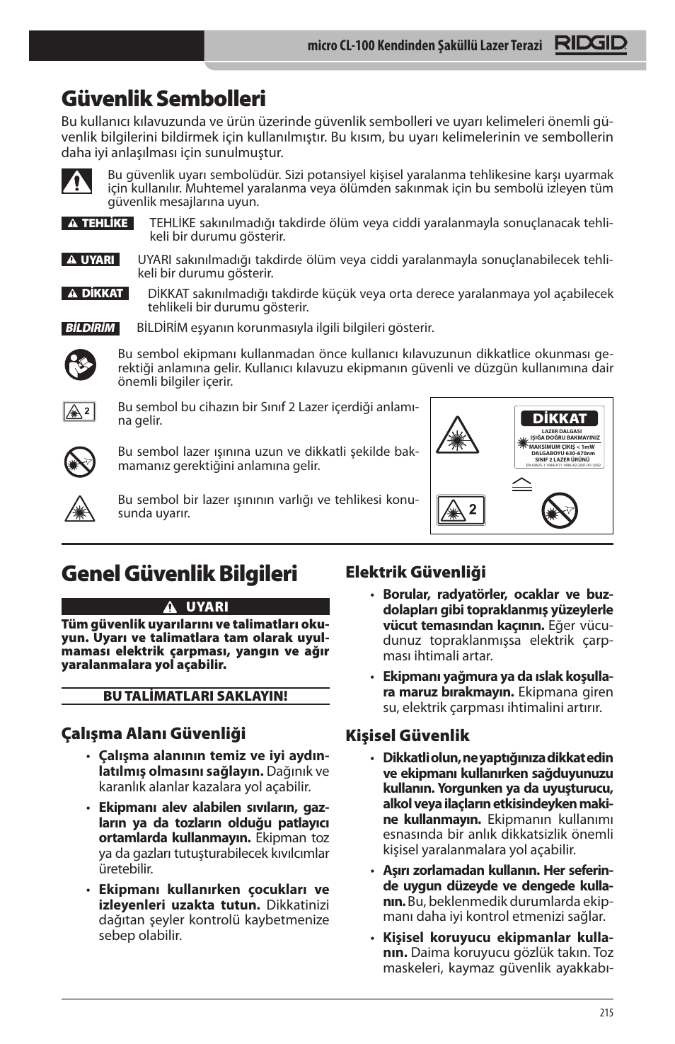 Güvenlik sembolleri, Genel güvenlik bilgileri, Çalışma alanı güvenliği | Elektrik güvenliği, Kişisel güvenlik | RIDGID micro CL-100 User Manual | Page 217 / 228