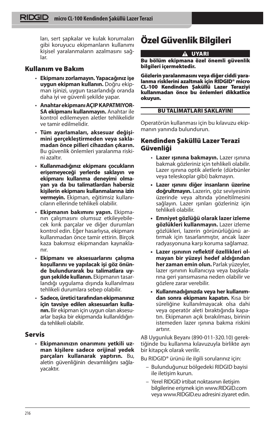 Özel güvenlik bilgileri, Kullanım ve bakım, Servis | Kendinden şaküllü lazer terazi güvenliği | RIDGID micro CL-100 User Manual | Page 218 / 228