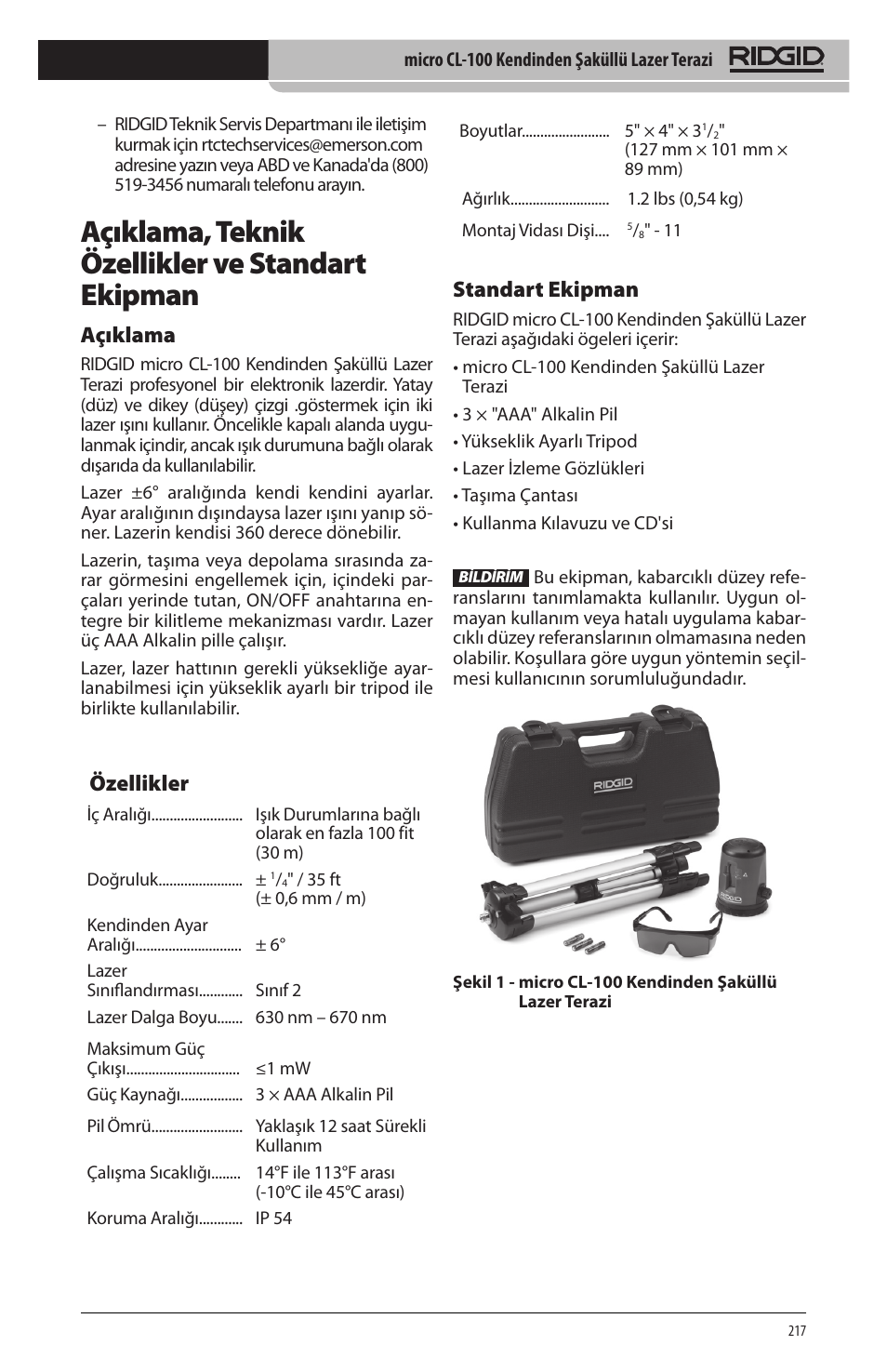 Açıklama, teknik özellikler ve standart ekipman, Açıklama, Özellikler | Standart ekipman | RIDGID micro CL-100 User Manual | Page 219 / 228