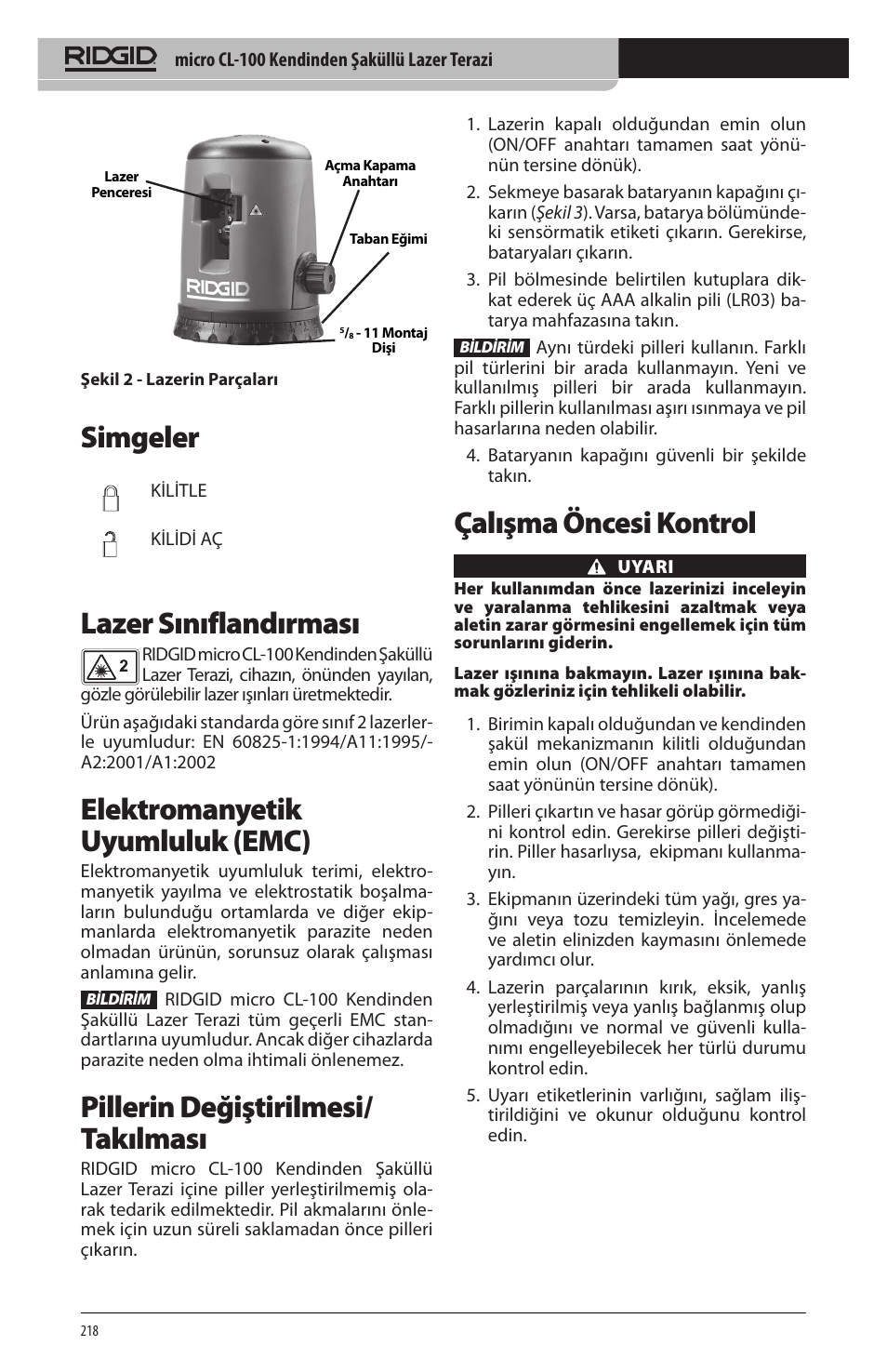 Simgeler, Lazer sınıflandırması, Elektromanyetik uyumluluk (emc) | Pillerin değiştirilmesi/ takılması, Çalışma öncesi kontrol | RIDGID micro CL-100 User Manual | Page 220 / 228