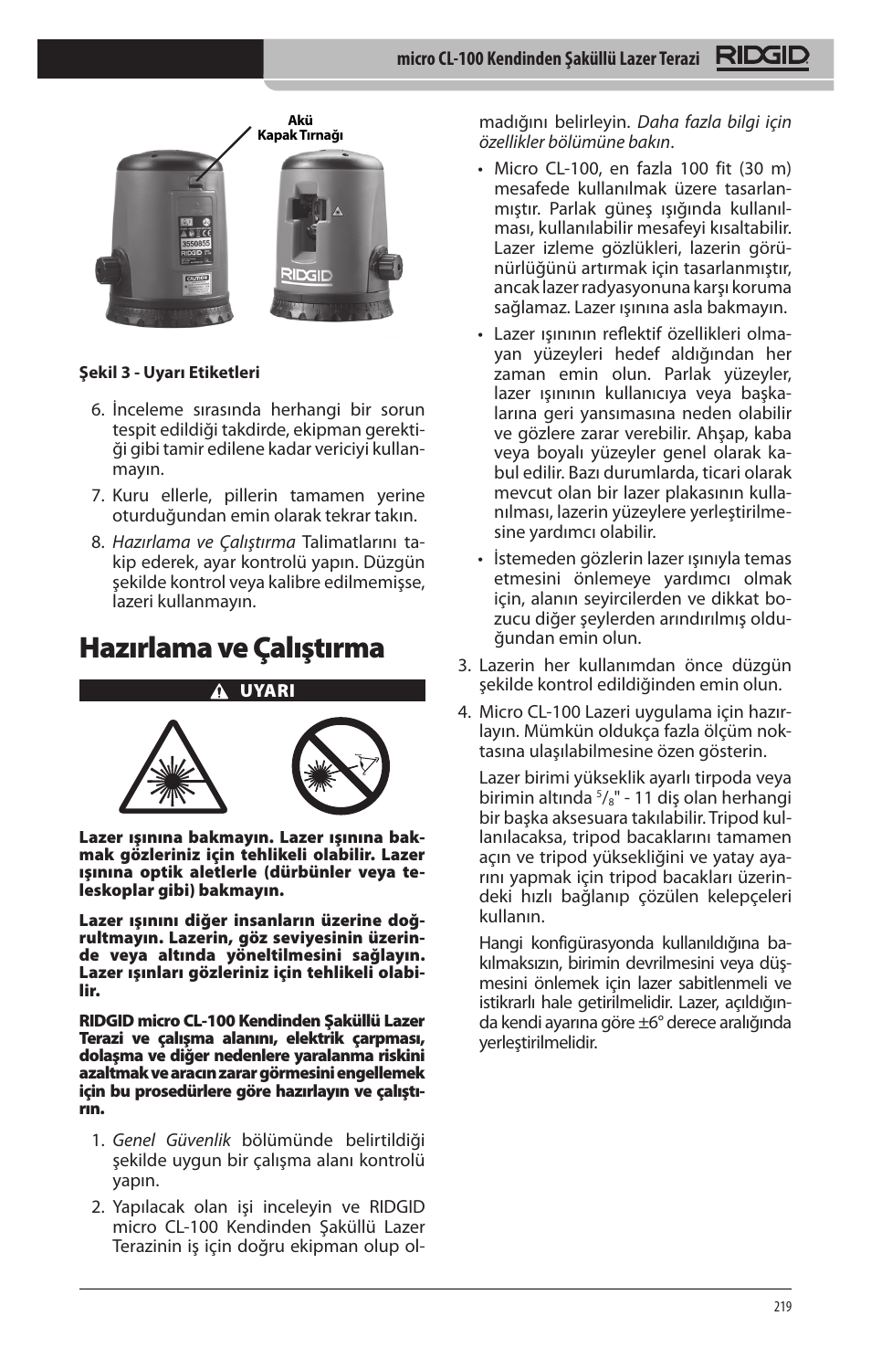 Hazırlama ve çalıştırma | RIDGID micro CL-100 User Manual | Page 221 / 228
