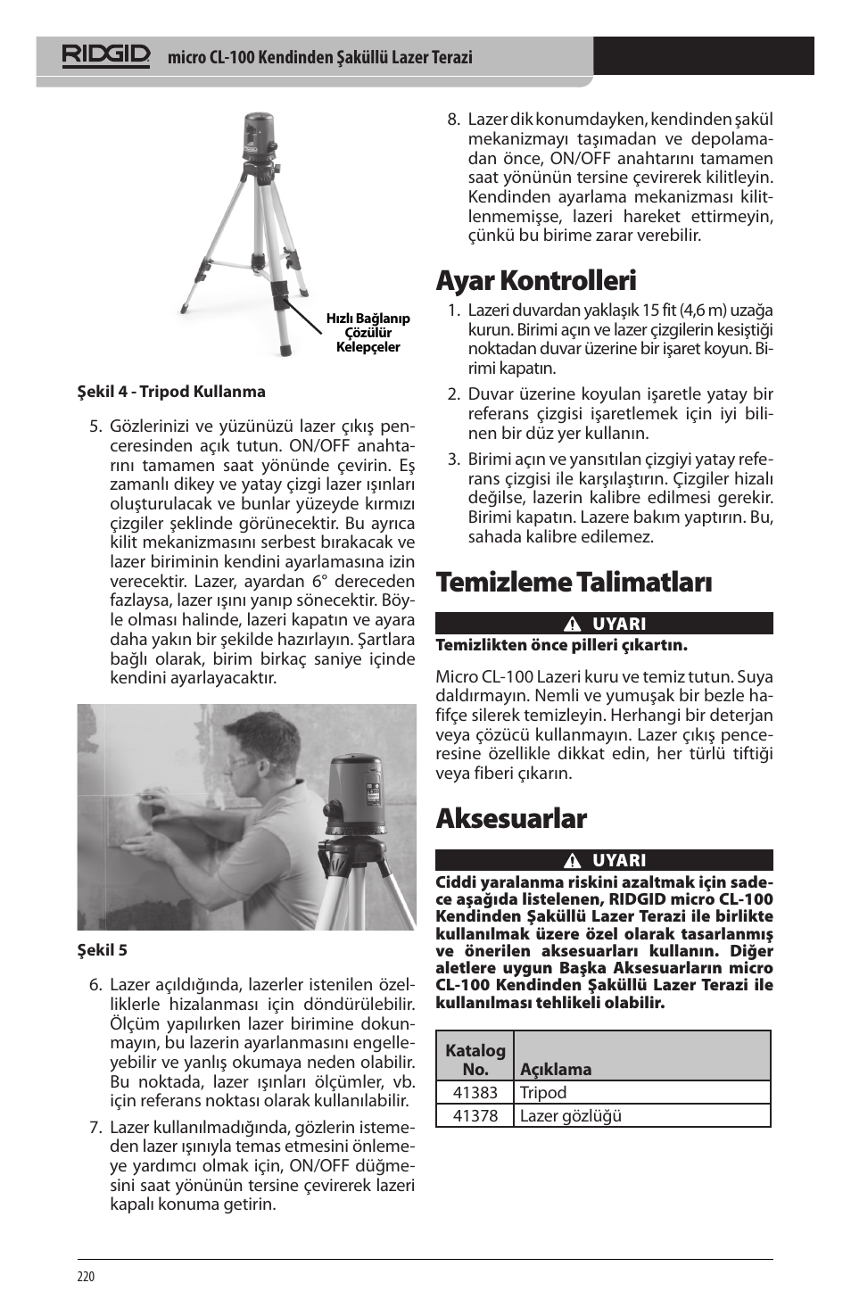 Ayar kontrolleri, Temizleme talimatları, Aksesuarlar | RIDGID micro CL-100 User Manual | Page 222 / 228