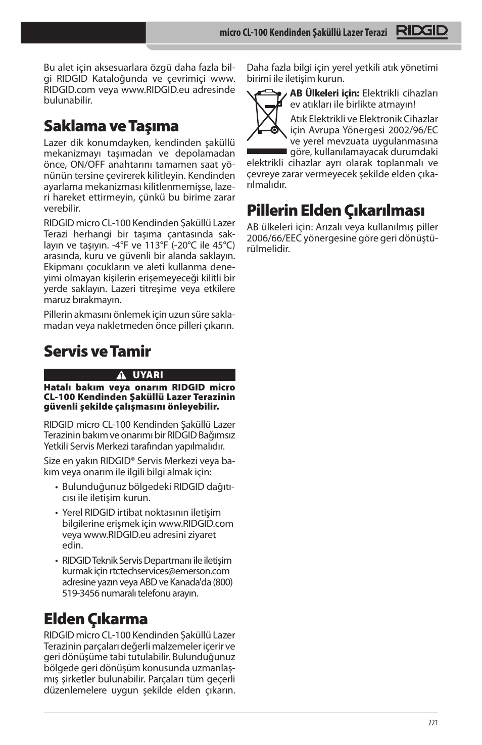 Saklama ve taşıma, Servis ve tamir, Elden çıkarma | Pillerin elden çıkarılması | RIDGID micro CL-100 User Manual | Page 223 / 228