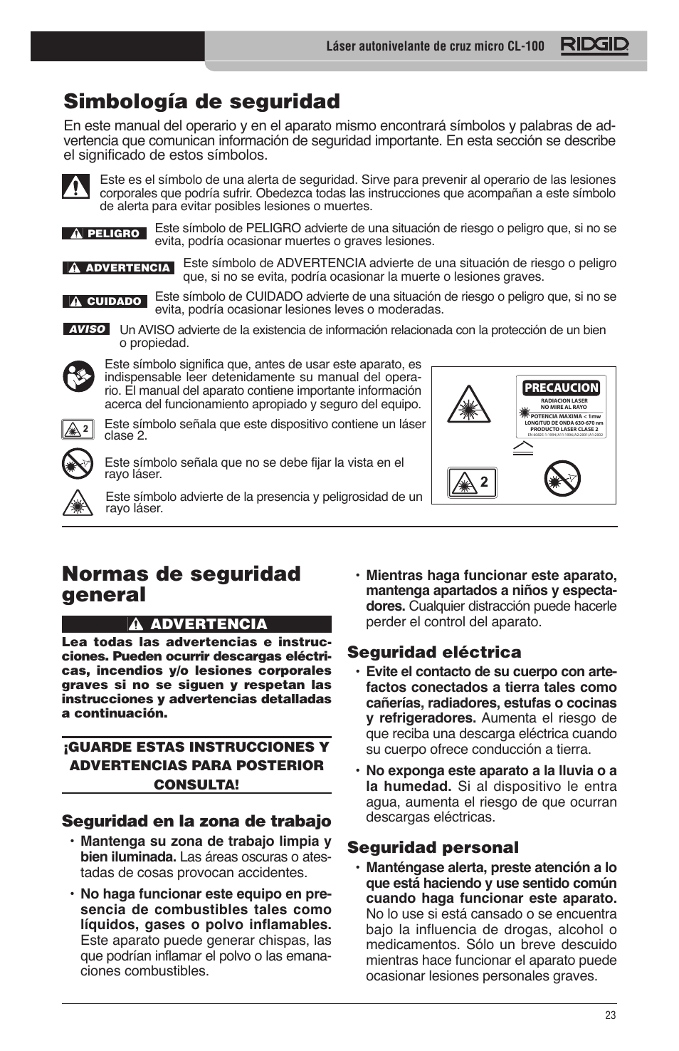 Simbología de seguridad, Normas de seguridad general, Seguridad eléctrica | Seguridad personal, Seguridad en la zona de trabajo | RIDGID micro CL-100 User Manual | Page 25 / 228