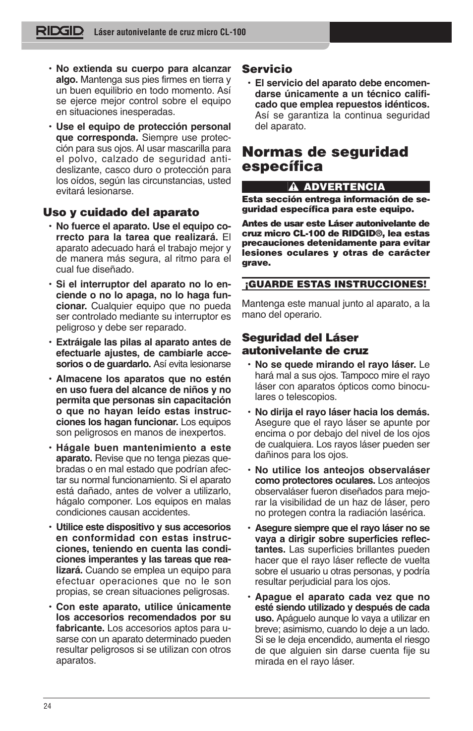 Normas de seguridad específica | RIDGID micro CL-100 User Manual | Page 26 / 228