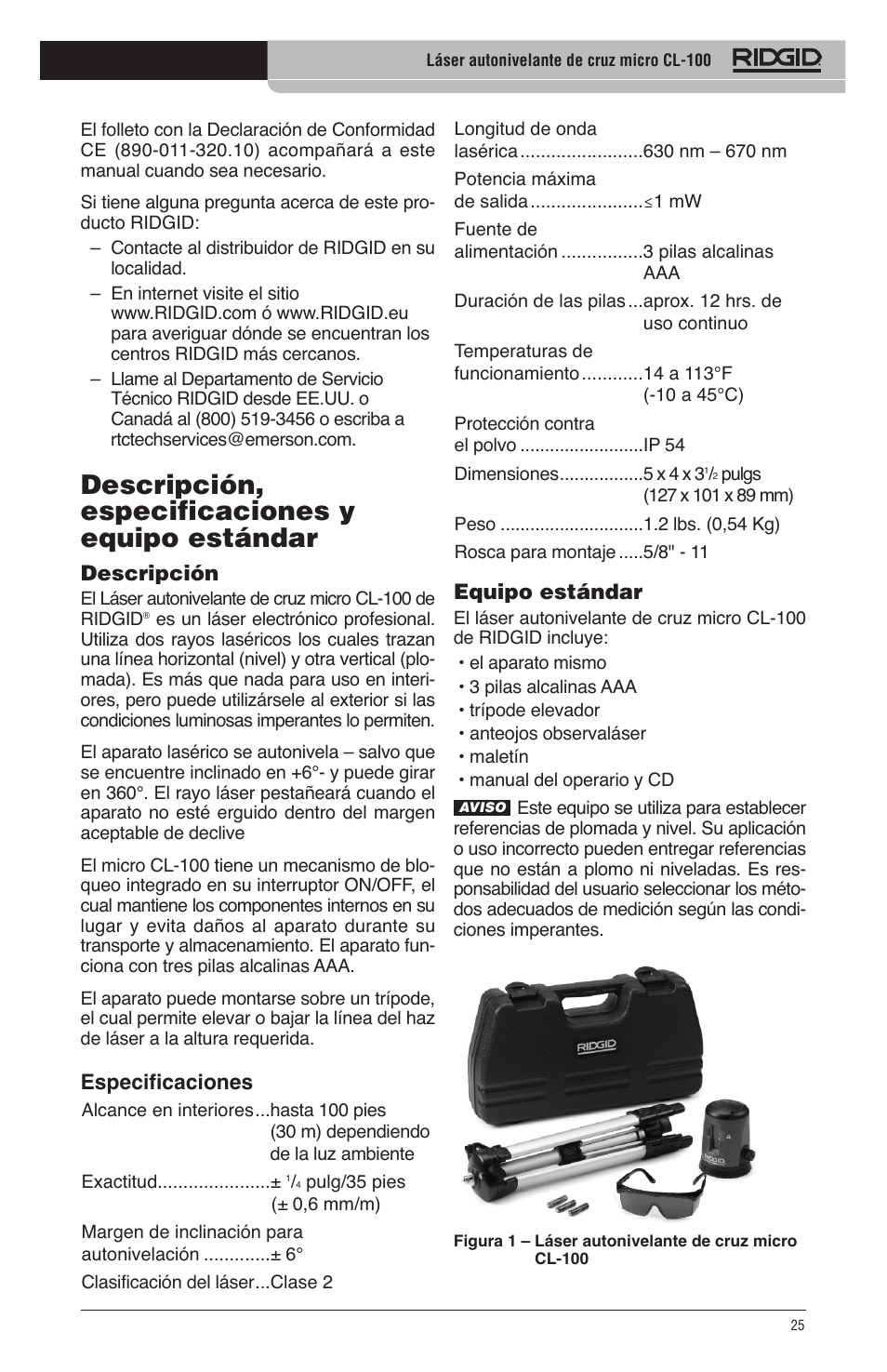 Descripción, especificaciones y equipo estándar, Equipo estándar, Descripción | Especificaciones | RIDGID micro CL-100 User Manual | Page 27 / 228