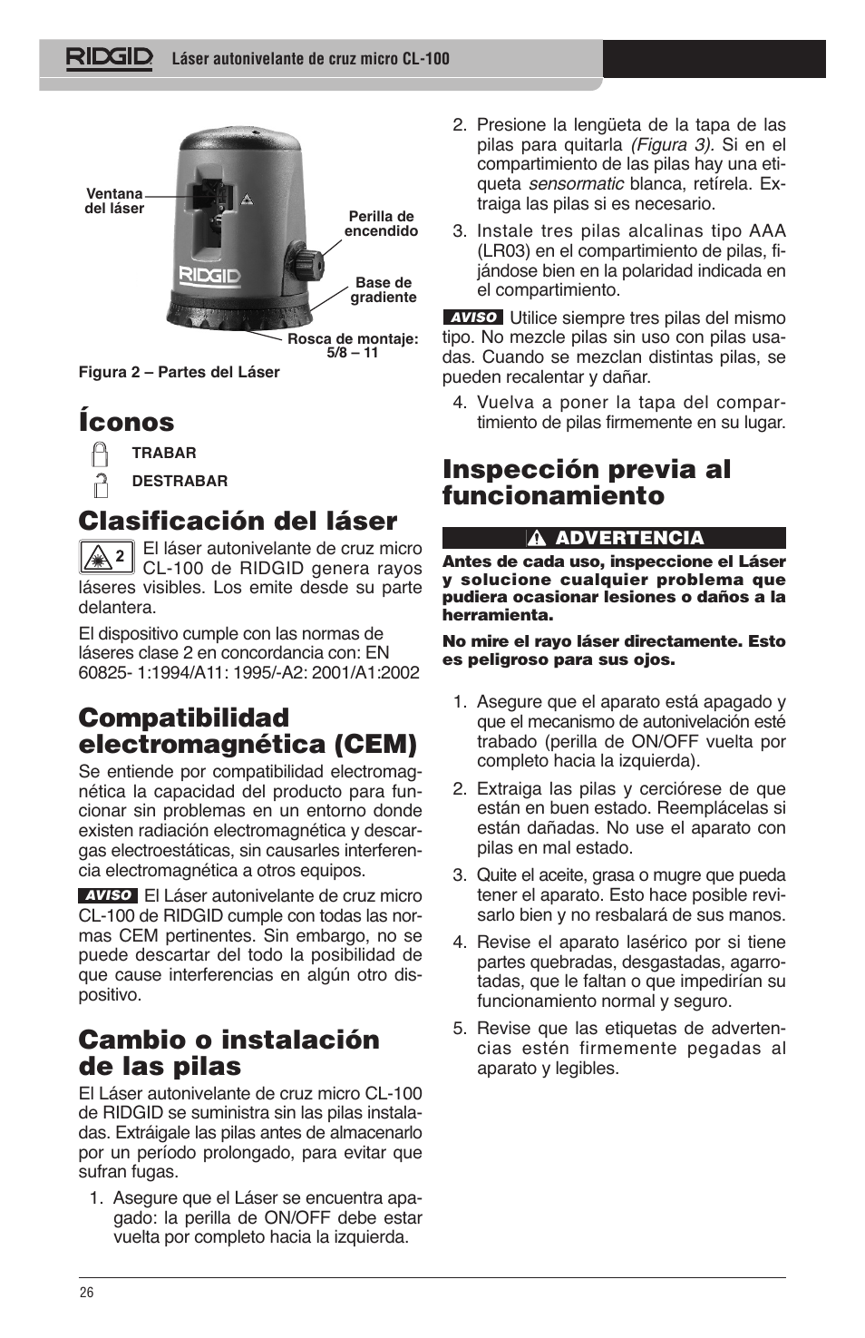 Inspección previa al funcionamiento, Íconos clasificación del láser, Compatibilidad electromagnética (cem) | Cambio o instalación de las pilas | RIDGID micro CL-100 User Manual | Page 28 / 228