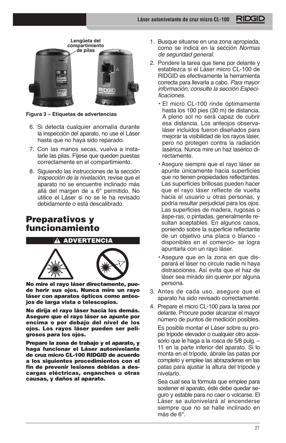 Preparativos y funcionamiento | RIDGID micro CL-100 User Manual | Page 29 / 228