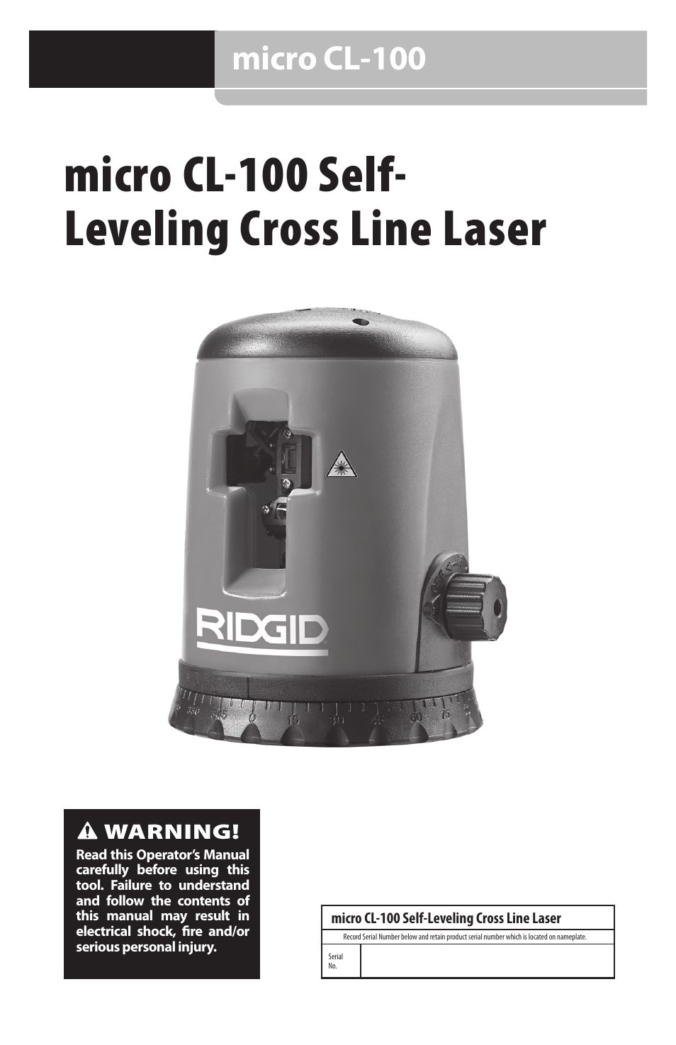 Micro cl-100 self- leveling cross line laser, Micro cl-100 | RIDGID micro CL-100 User Manual | Page 3 / 228