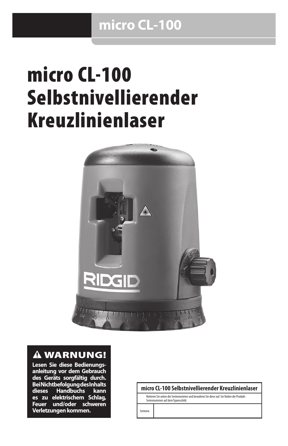 Micro cl-100 selbstnivellierender kreuzlinienlaser, Micro cl-100 | RIDGID micro CL-100 User Manual | Page 33 / 228