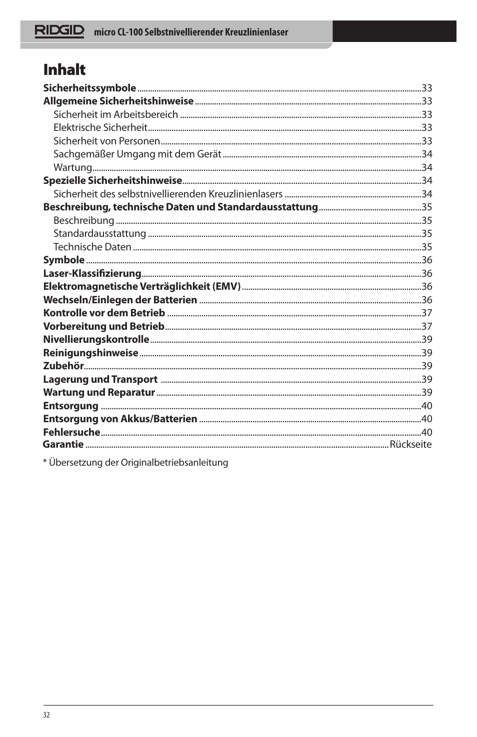 Inhalt | RIDGID micro CL-100 User Manual | Page 34 / 228