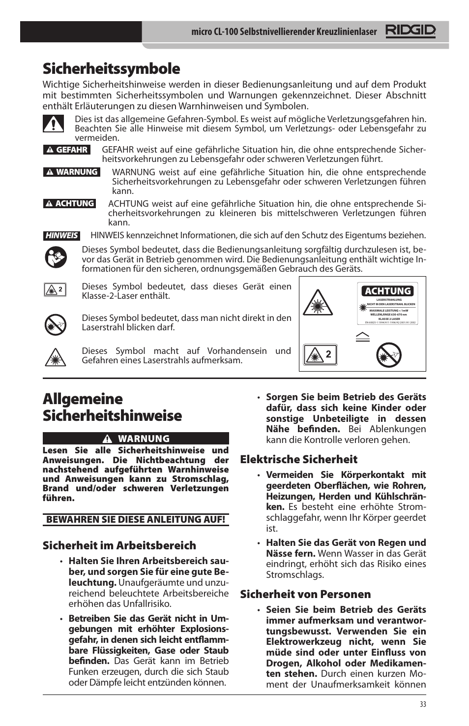 Sicherheitssymbole, Allgemeine sicherheitshinweise, Sicherheit im arbeitsbereich | Elektrische sicherheit, Sicherheit von personen | RIDGID micro CL-100 User Manual | Page 35 / 228