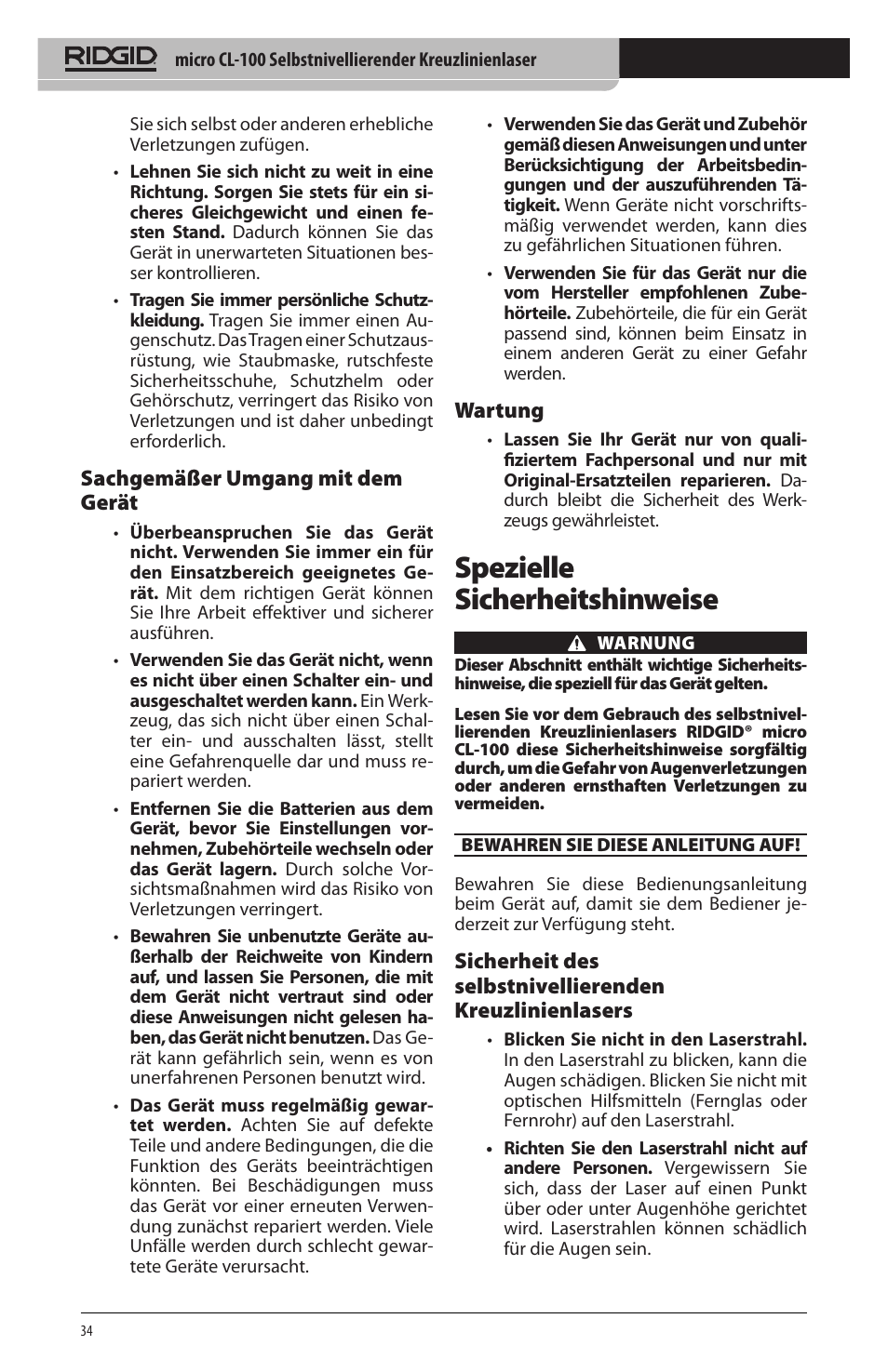 Spezielle sicherheitshinweise, Sachgemäßer umgang mit dem gerät, Wartung | RIDGID micro CL-100 User Manual | Page 36 / 228