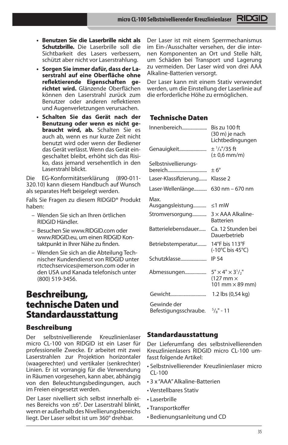 Beschreibung, Technische daten, Standardausstattung | RIDGID micro CL-100 User Manual | Page 37 / 228