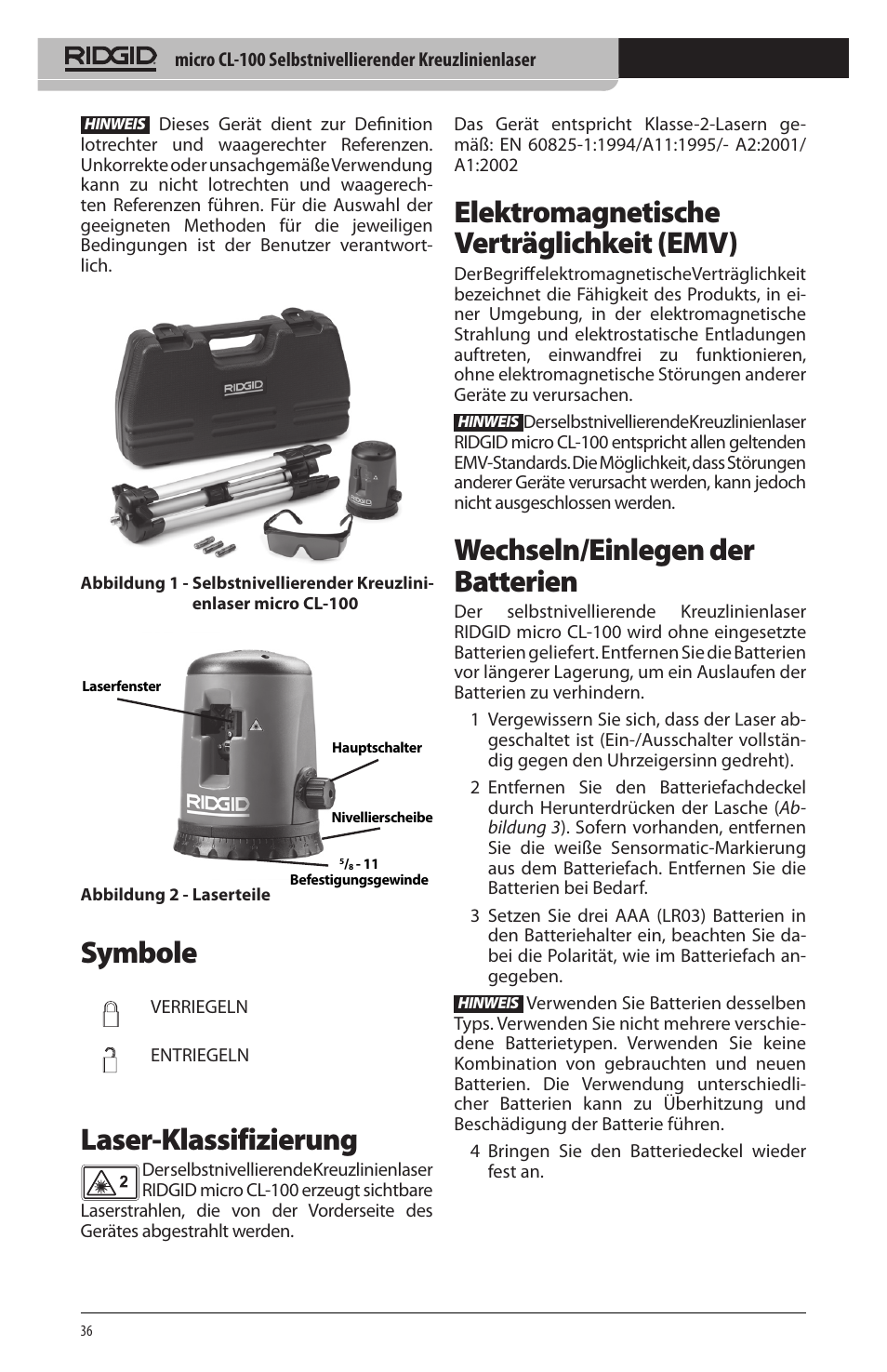 Symbole, Laser‑klassifizierung, Elektromagnetische verträglichkeit (emv) | Wechseln/einlegen der batterien | RIDGID micro CL-100 User Manual | Page 38 / 228