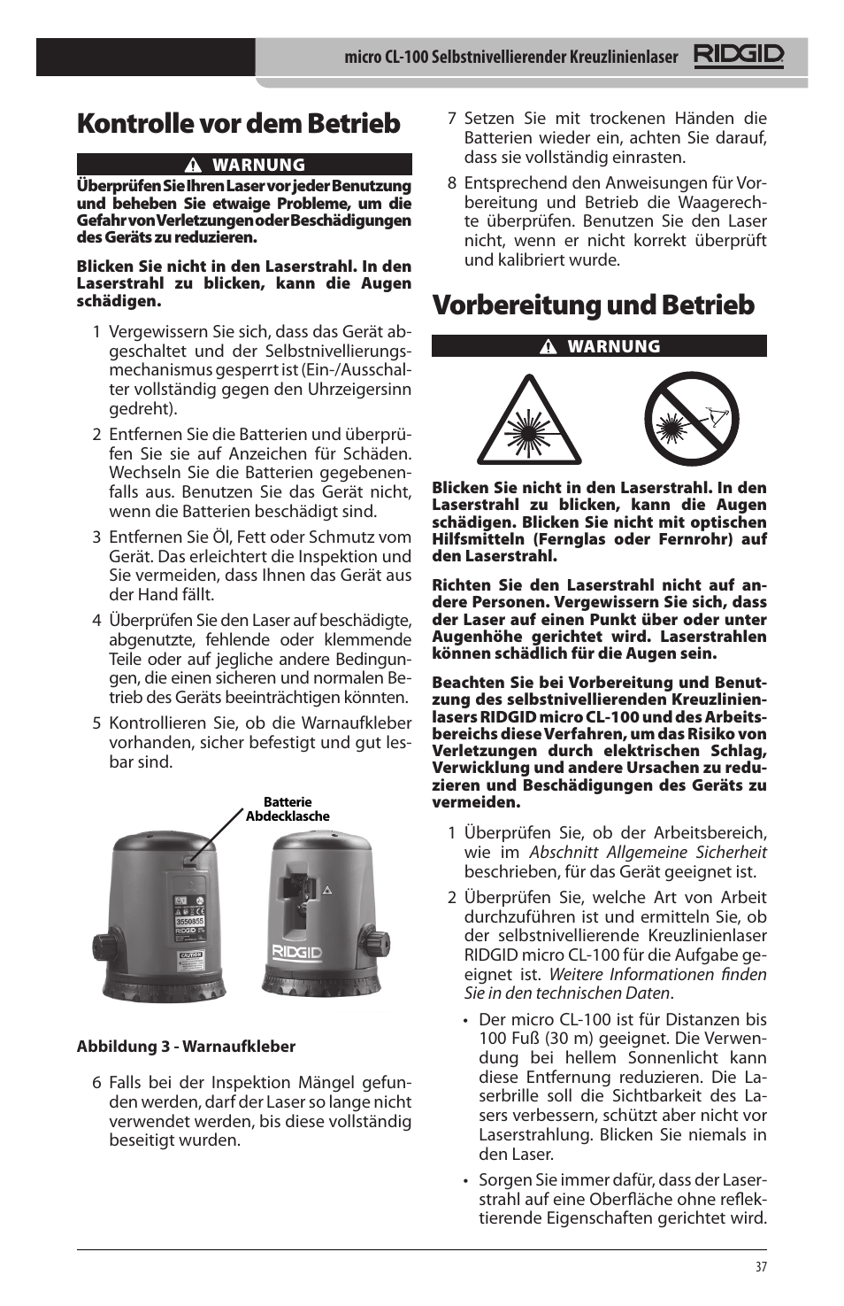 Vorbereitung und betrieb, Kontrolle vor dem betrieb | RIDGID micro CL-100 User Manual | Page 39 / 228