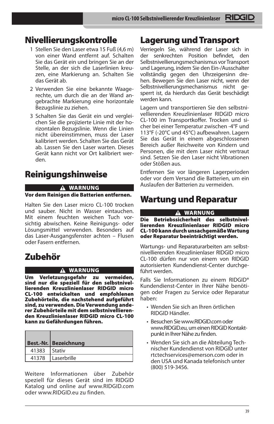 Nivellierungskontrolle, Reinigungshinweise, Zubehör | Lagerung und transport, Wartung und reparatur | RIDGID micro CL-100 User Manual | Page 41 / 228