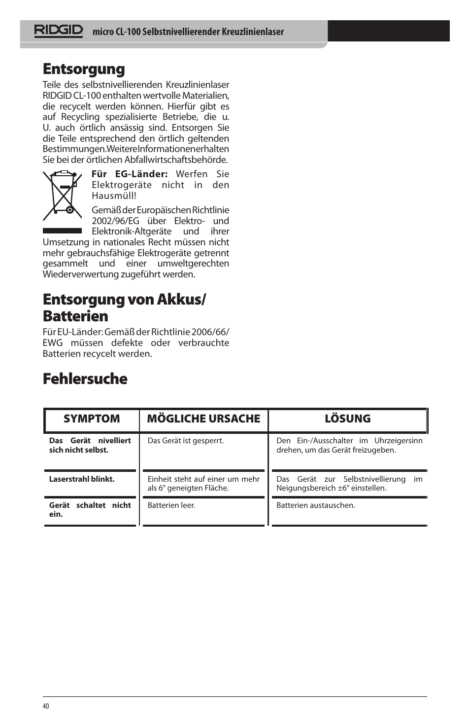 Entsorgung, Entsorgung von akkus/ batterien, Fehlersuche | Symptom mögliche ursache lösung | RIDGID micro CL-100 User Manual | Page 42 / 228