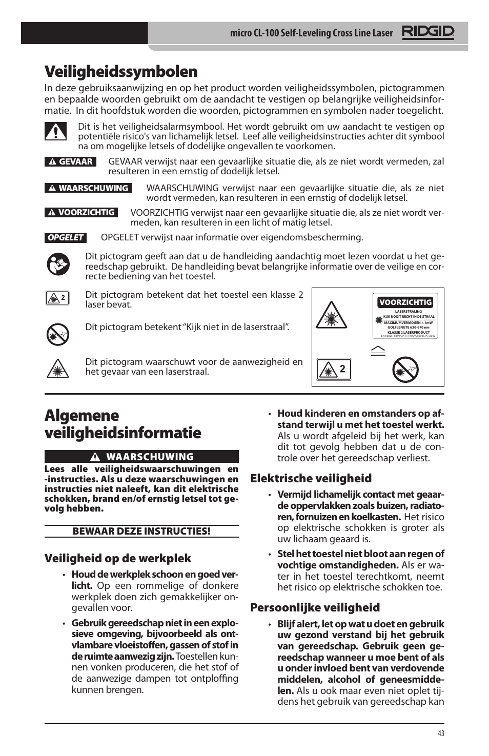 Veiligheidssymbolen, Algemene veiligheidsinformatie, Veiligheid op de werkplek | Elektrische veiligheid, Persoonlijke veiligheid | RIDGID micro CL-100 User Manual | Page 45 / 228