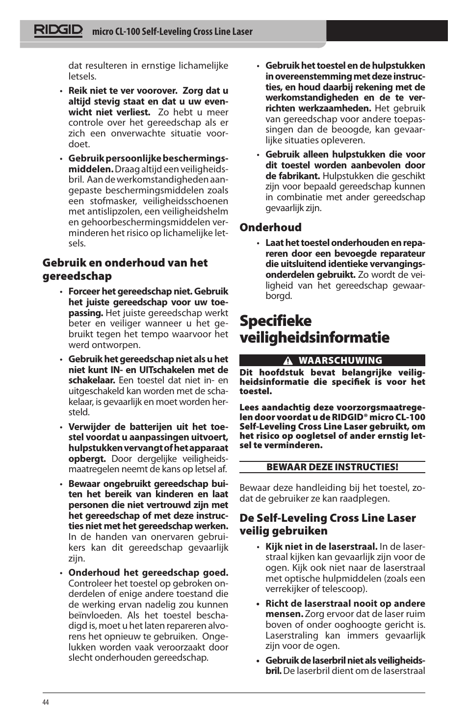 Specifieke veiligheidsinformatie, Gebruik en onderhoud van het gereedschap, Onderhoud | De self‑leveling cross line laser veilig gebruiken | RIDGID micro CL-100 User Manual | Page 46 / 228