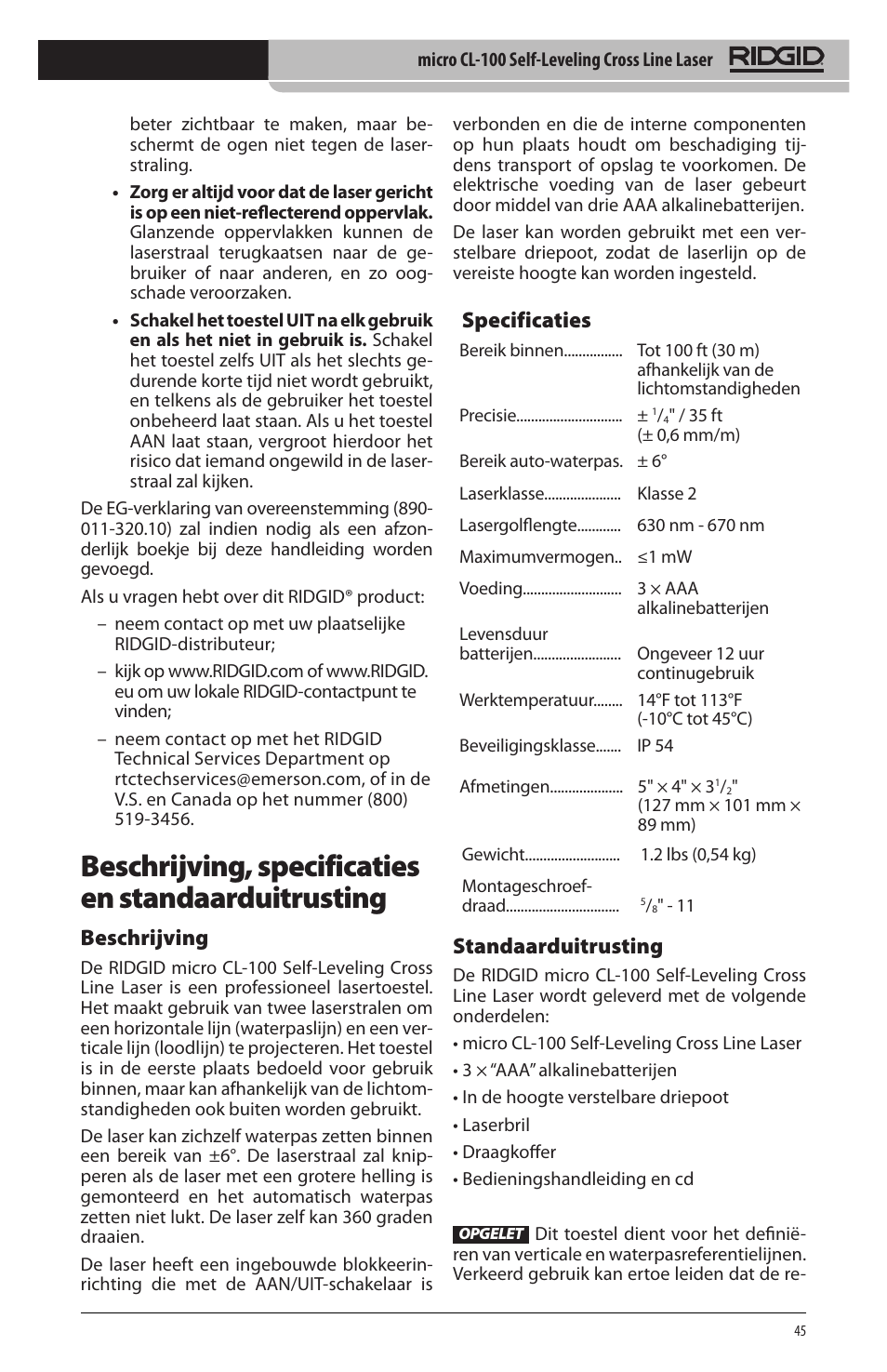 Beschrijving, specificaties en standaarduitrusting, Beschrijving, Specificaties | Standaarduitrusting | RIDGID micro CL-100 User Manual | Page 47 / 228