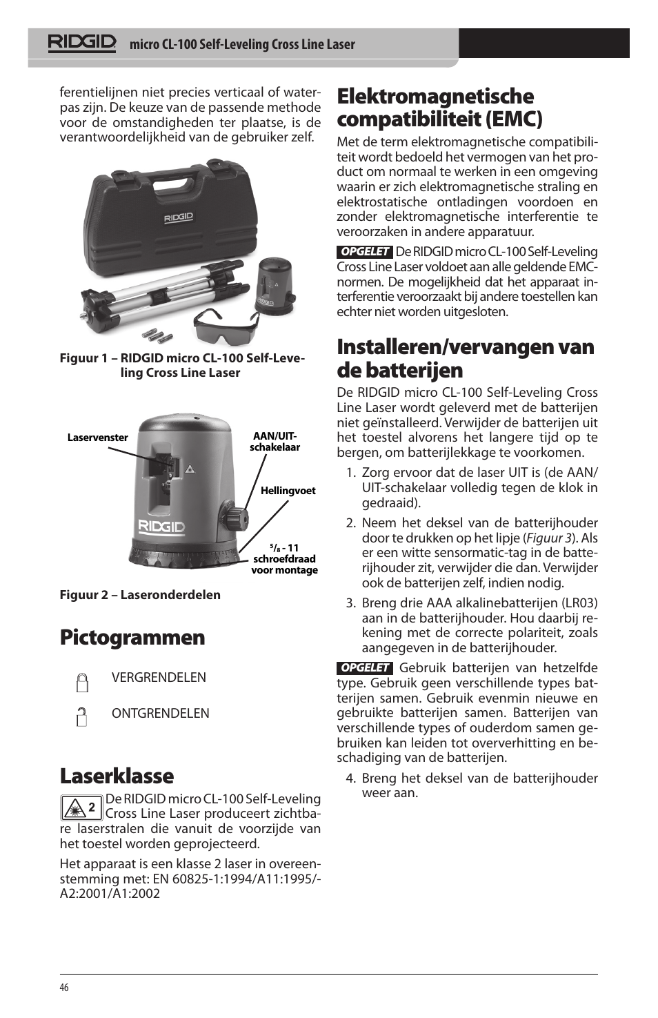 Pictogrammen, Laserklasse, Elektromagnetische compatibiliteit (emc) | Installeren/vervangen van de batterijen | RIDGID micro CL-100 User Manual | Page 48 / 228