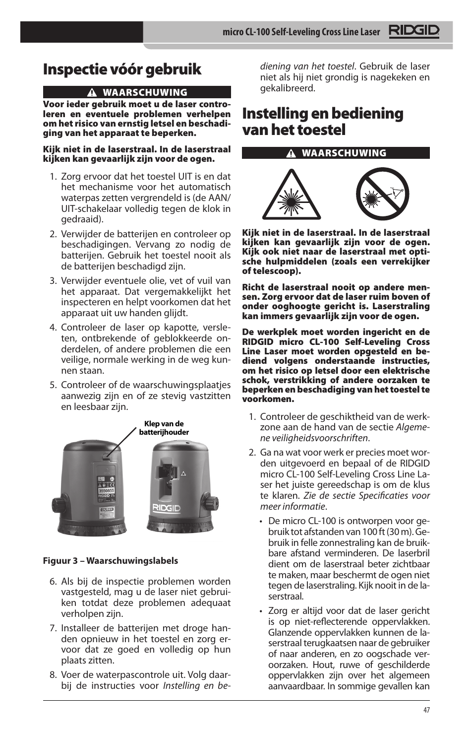 Instelling en bediening van het toestel, Inspectie vóór gebruik | RIDGID micro CL-100 User Manual | Page 49 / 228