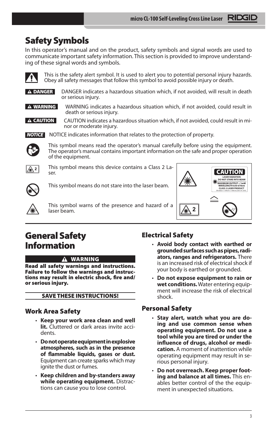 Safety symbols, General safety information, Work area safety | Electrical safety, Personal safety | RIDGID micro CL-100 User Manual | Page 5 / 228