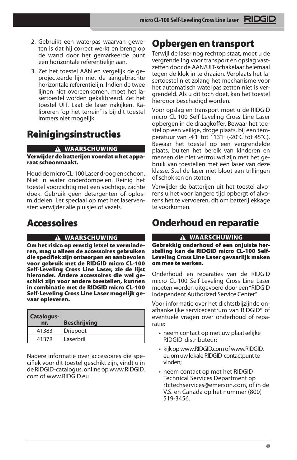 Reinigingsinstructies, Accessoires, Opbergen en transport | Onderhoud en reparatie | RIDGID micro CL-100 User Manual | Page 51 / 228