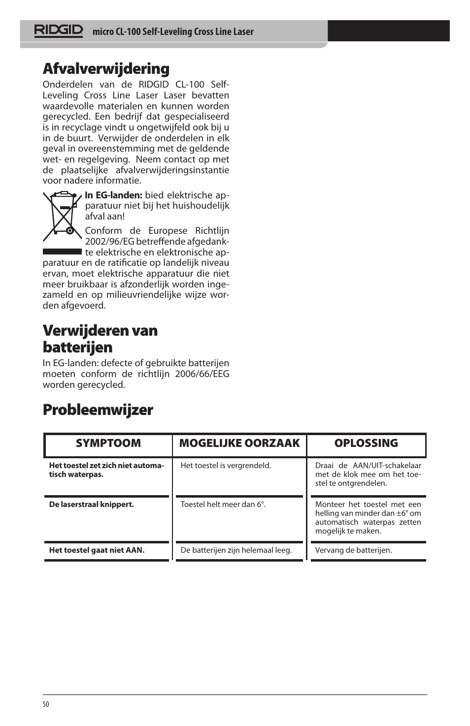 Afvalverwijdering, Verwijderen van batterijen, Probleemwijzer | Symptoom mogelijke oorzaak oplossing | RIDGID micro CL-100 User Manual | Page 52 / 228