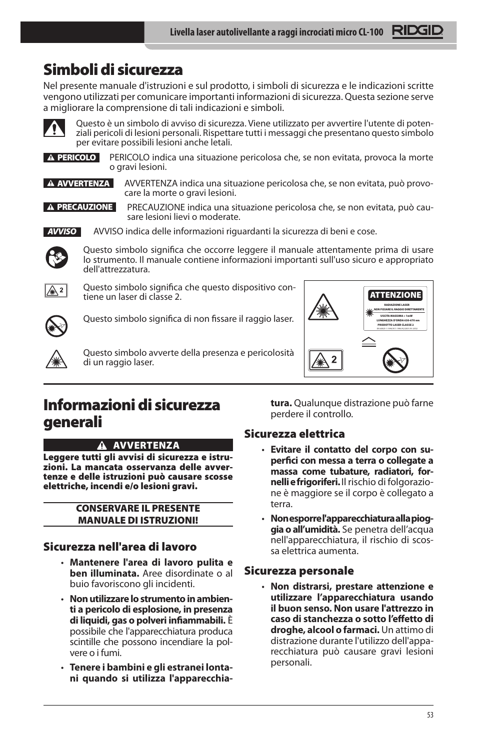 Simboli di sicurezza, Informazioni di sicurezza generali, Sicurezza nell'area di lavoro | Sicurezza elettrica, Sicurezza personale | RIDGID micro CL-100 User Manual | Page 55 / 228