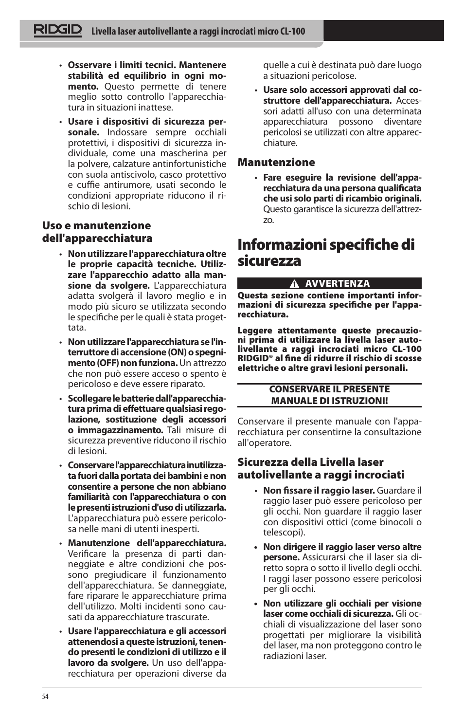 Informazioni specifiche di sicurezza, Uso e manutenzione dell'apparecchiatura, Manutenzione | RIDGID micro CL-100 User Manual | Page 56 / 228